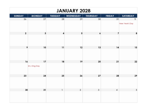 2028 Excel Calendar Spreadsheet Template