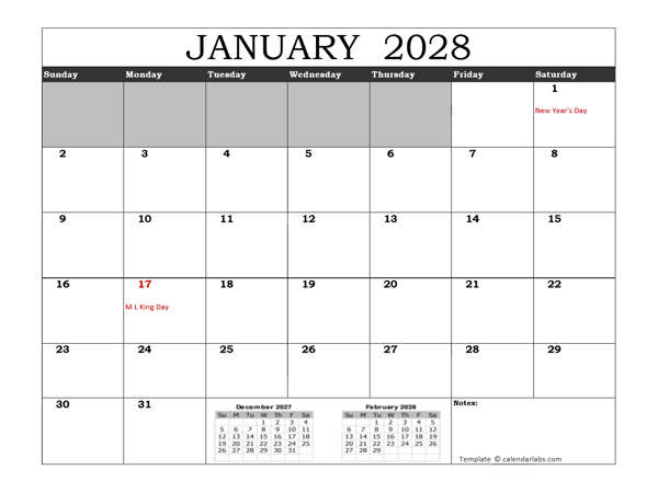 Free 2028 Excel Calendar With US Holidays
