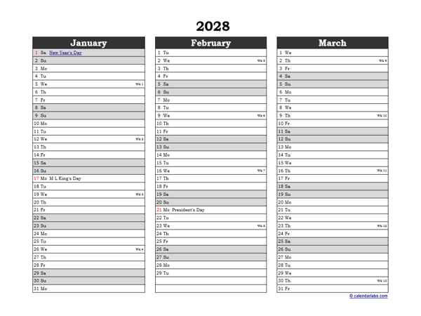 Editable 2028 Excel Three Month Calendar