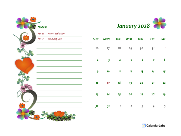 2028 Floral Monthly Kids Calendar Template