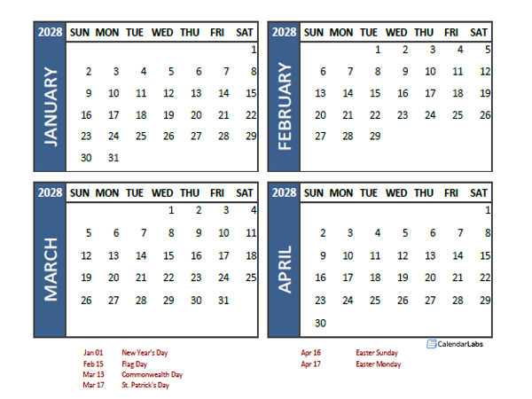2028 Four Month Calendar with Canada Holidays