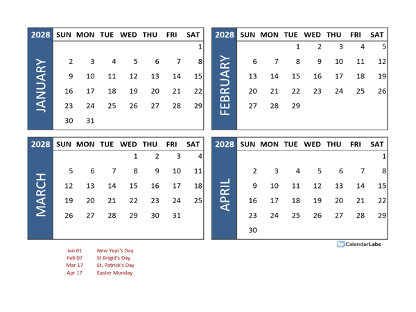 2028 Four Month Calendar with Ireland Holidays