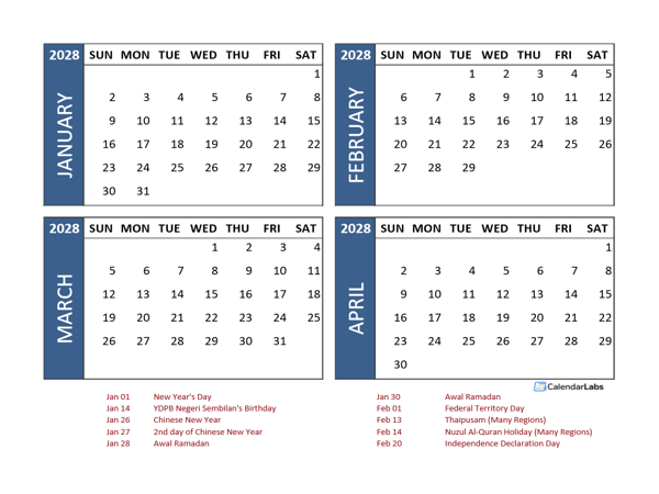 2028 Four Month Calendar with Malaysia Holidays