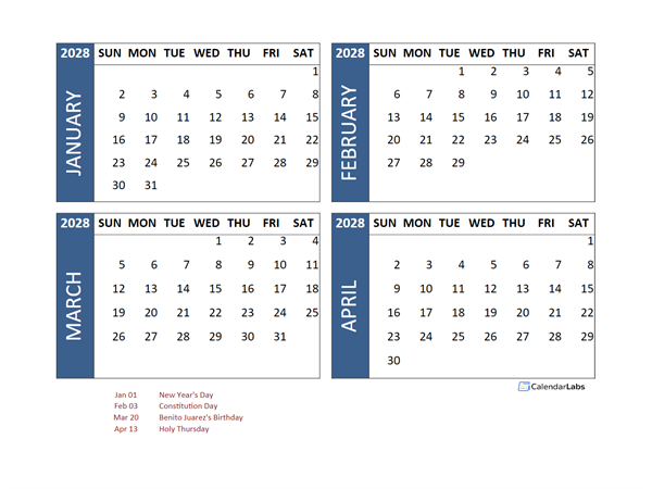 2028 Four Month Calendar with Mexico Holidays