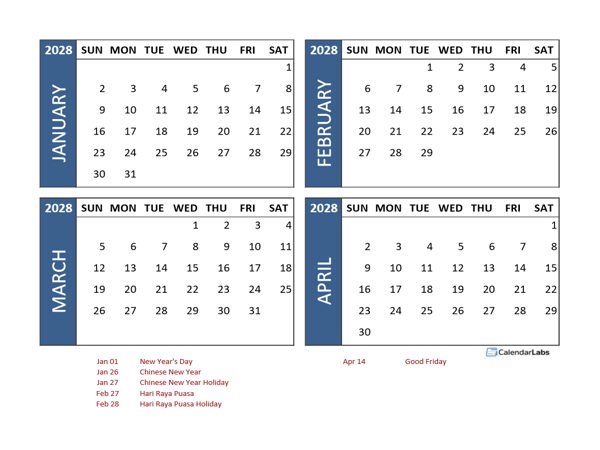 2028 Four Month Calendar with Singapore Holidays