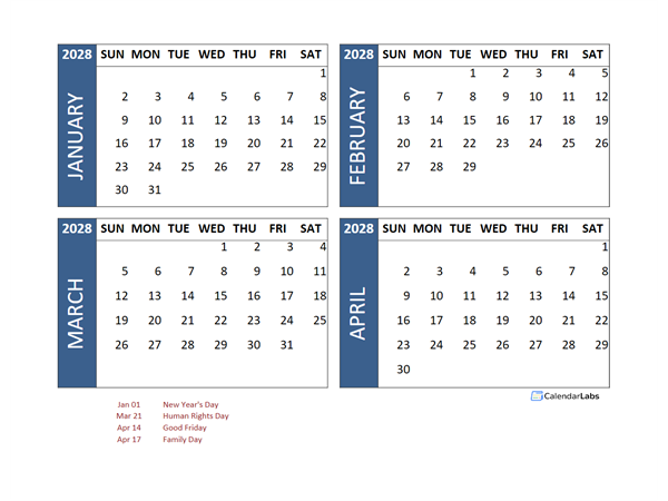 2028 Four Month Calendar with South Africa Holidays