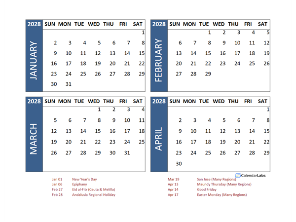 2028 Four Month Calendar with Spain Holidays