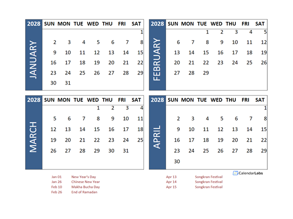 2028 Four Month Calendar with Thailand Holidays