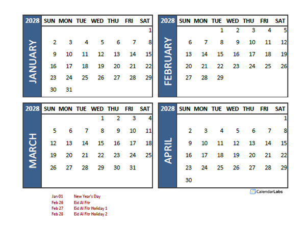 2028 Four Month Calendar with UAE Holidays