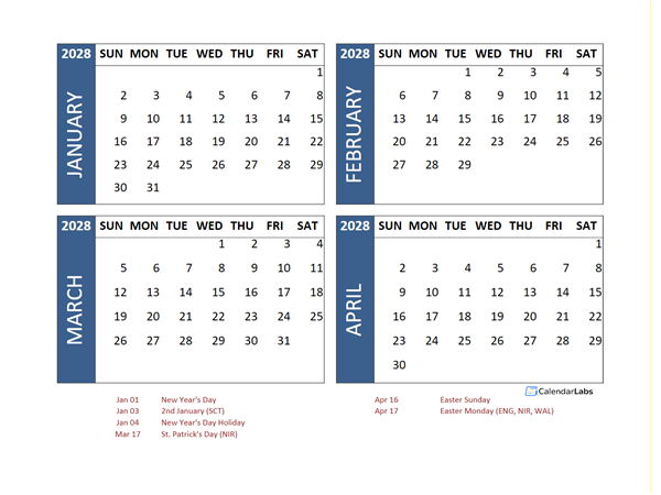 2028 Four Month Calendar with UK Holidays