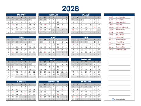 2028 France Annual Calendar with Holidays