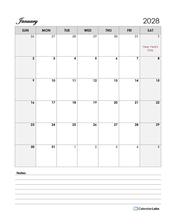 2028 France Calendar Template Large Boxes