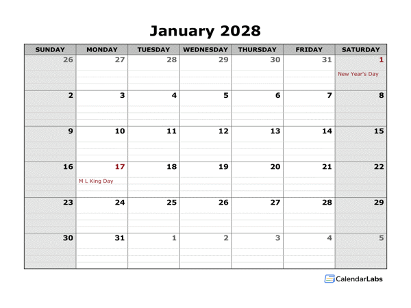 2028 Free Blank Calendar