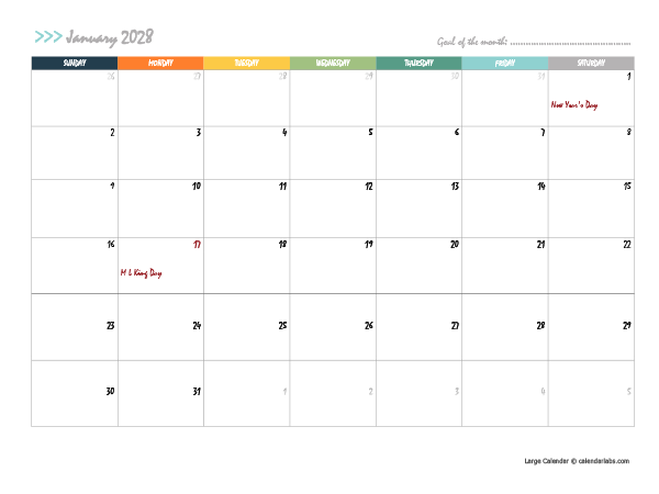 2028 Free Large Wall Calendar