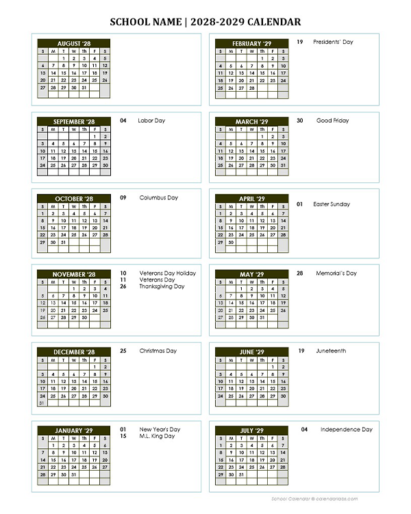 2028 Free School Yearly Calendar Aug