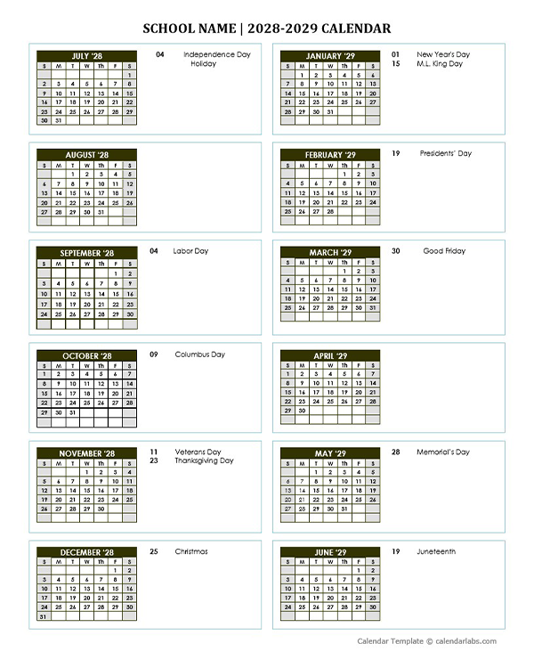 2028 Free School Yearly Calendar Jul