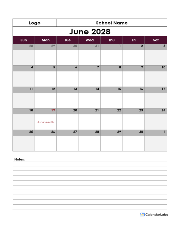 2028 Google Docs School Calendar Notes