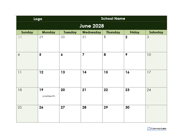 2028 Google Docs School Monthly Calendar
