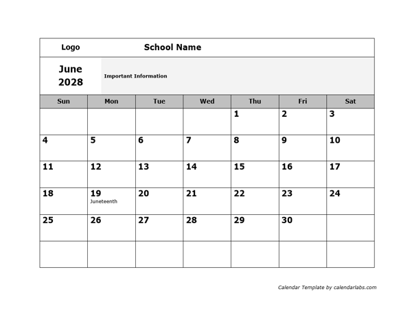 2028 Google Docs School Monthly Jun Calendar