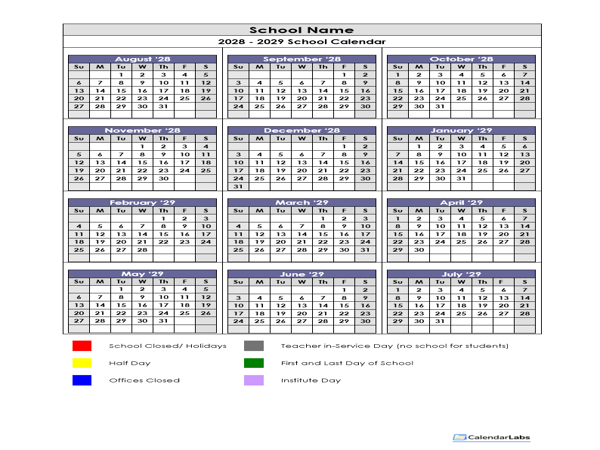 2028 Google Docs School Vertical Yearly Calendar