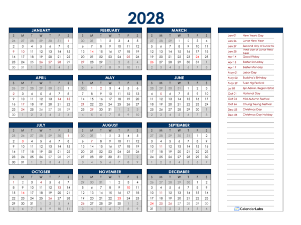 2028 Hong Kong Annual Calendar with Holidays