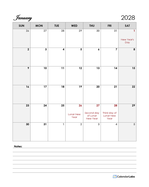 2028 Hong Kong Calendar Template Large Boxes