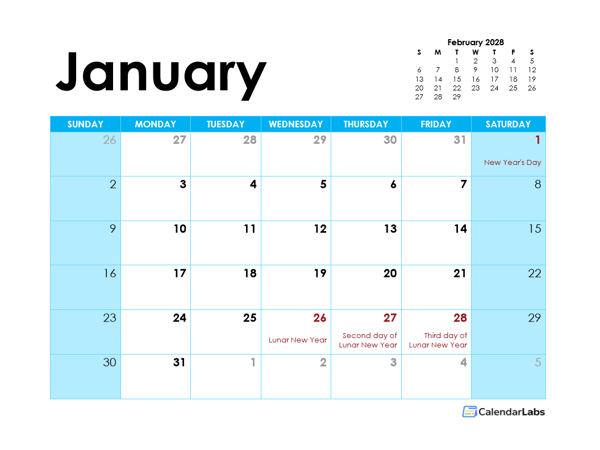2028 Hong Kong Monthly Calendar Colorful Design