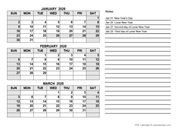 2028 Hong Kong Quarterly Calendar with Holidays