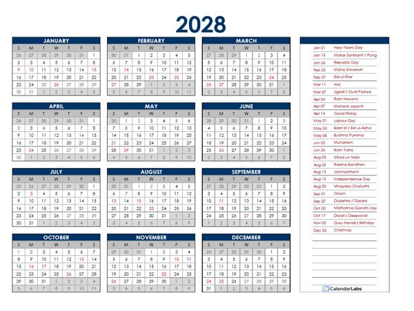 2028 India Annual Calendar with Holidays