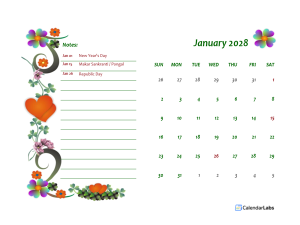2028 India Calendar Free Printable Template