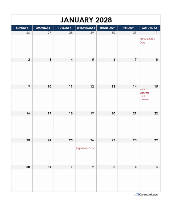 2028 India Calendar Spreadsheet Template