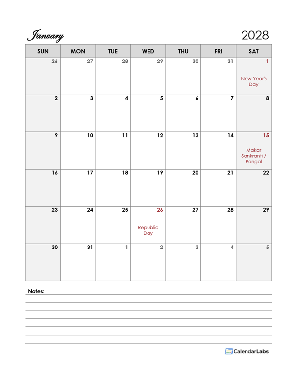 2028 India Calendar Template Large Boxes