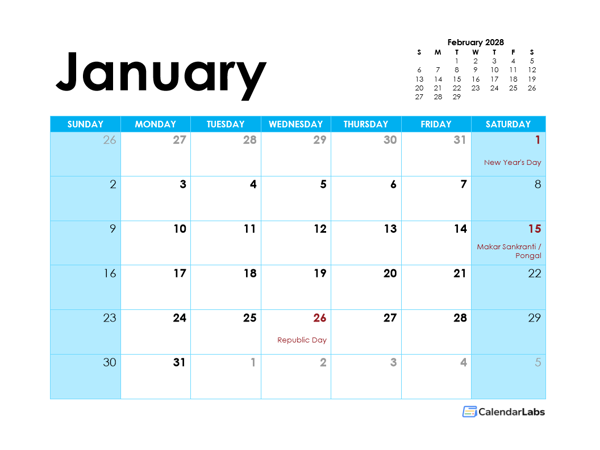2028 India Monthly Calendar Colorful Design