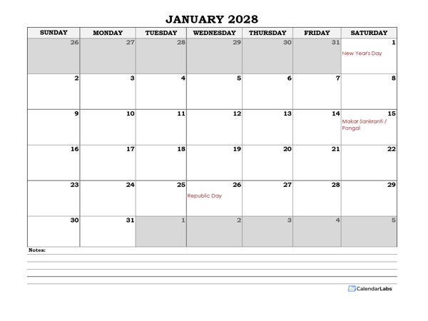 2028 India Monthly Calendar with Notes