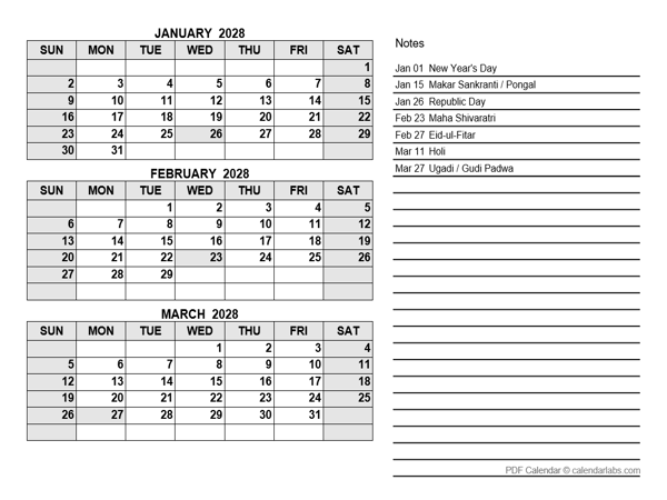 2028 India Quarterly Calendar with Holidays