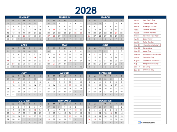 2028 Indonesia Annual Calendar with Holidays