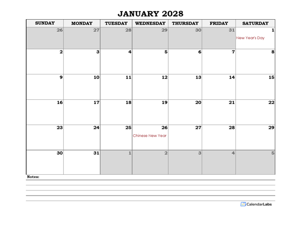2028 Indonesia Monthly Calendar with Notes