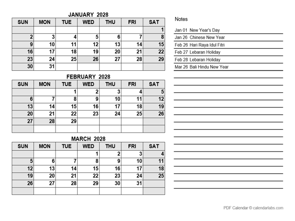 2028 Indonesia Quarterly Calendar with Holidays
