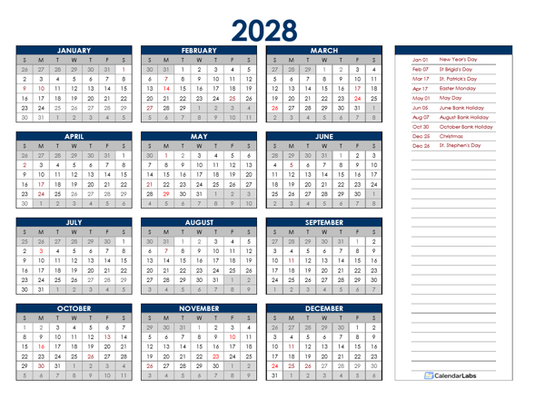 2028 Ireland Annual Calendar with Holidays