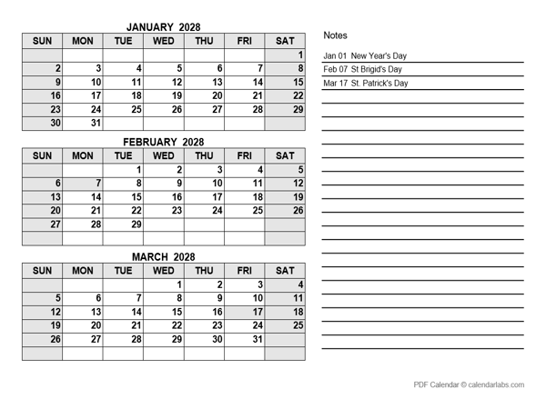 2028 Ireland Quarterly Calendar with Holidays