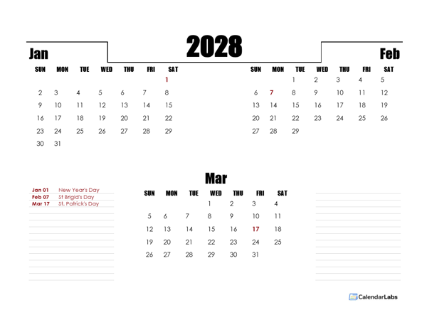 2028 Ireland Quarterly Planner Template