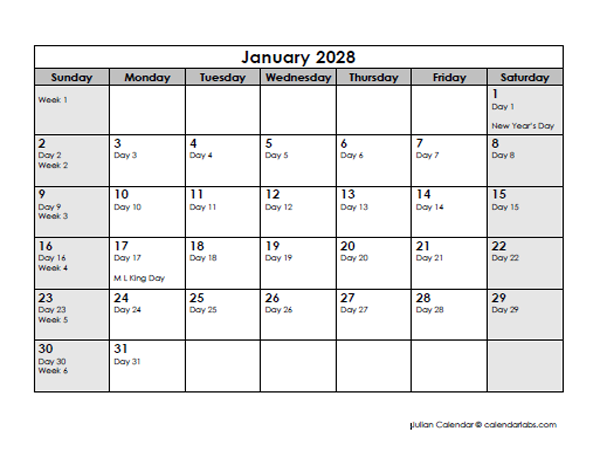 2028 Julian Calendar