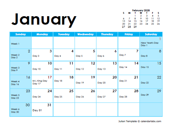2028 Julian Monthly Calendar