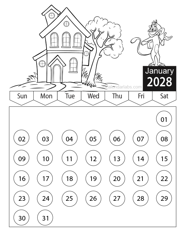 2028 Kids Cartoon Character Coloring Calendar