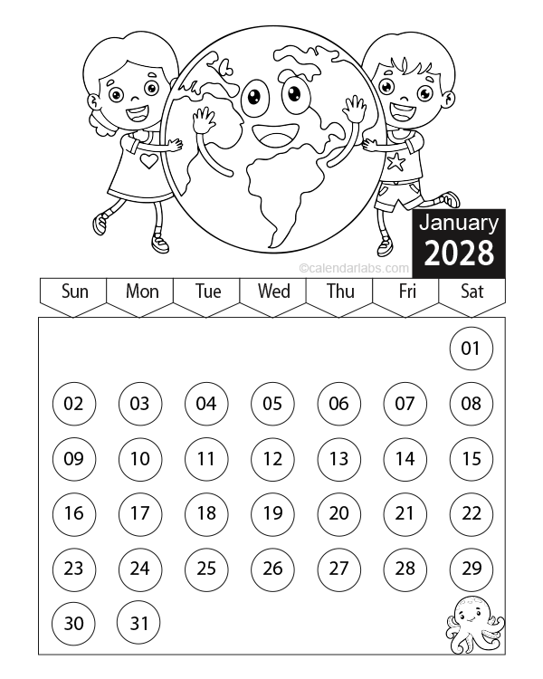 2028 Kids Coloring Book Calendar
