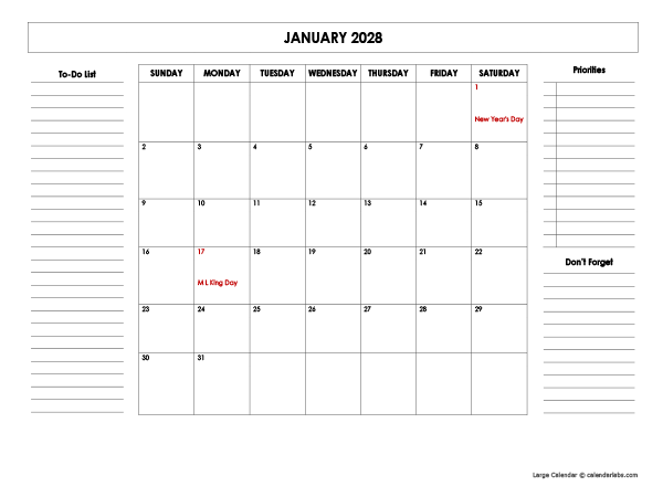 2028 Large Monthly Calendar With Holidays