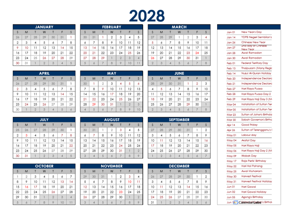 2028 Malaysia Annual Calendar with Holidays