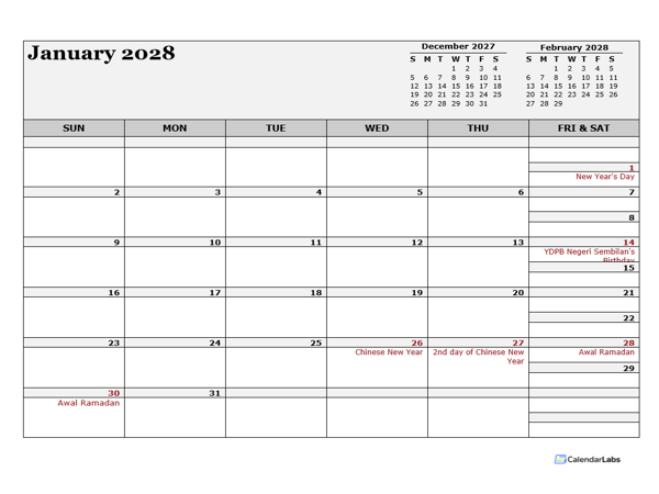 2028 Malaysia Calendar For Vacation Tracking