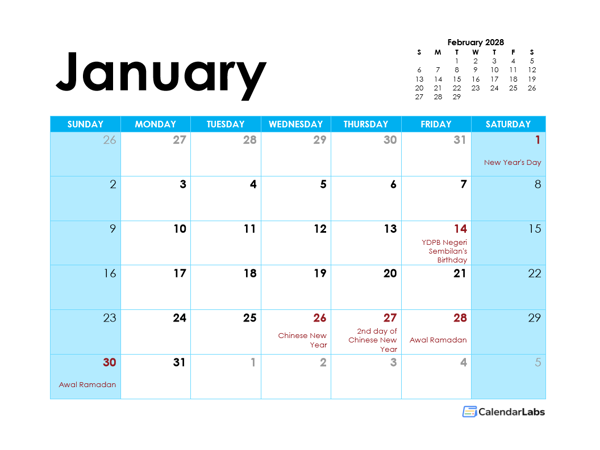 2028 Malaysia Monthly Calendar Colorful Design