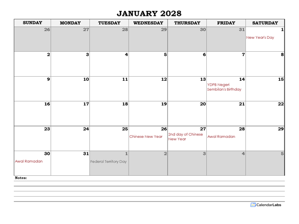 2028 Malaysia Monthly Calendar with Notes